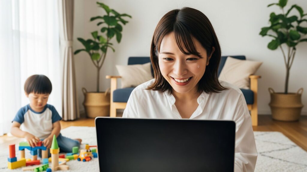 自宅のリビングでノートパソコンを見て喜ぶ若い母親と、隣で遊ぶ3歳の男の子。企業からの採用通知と保育園の合格通知が同時に届き、感動して涙ぐむ母親の姿を捉えた写真。