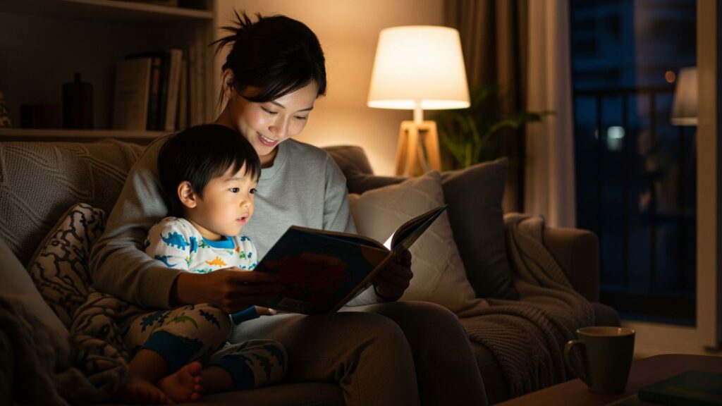 夜の自宅リビングで、部屋着の若い母親がパジャマ姿の3歳くらいの男の子を膝に乗せ、楽しそうに絵本を読み聞かせている。テーブルにはマグカップが置かれ、仕事と育児を両立する母親の穏やかな日常を表現した画像。