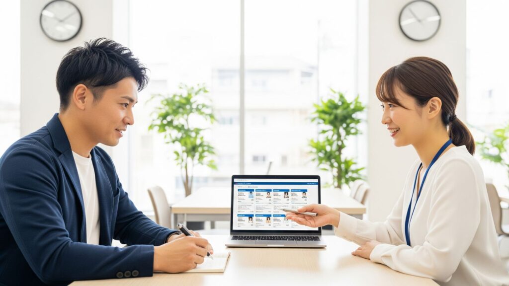 会社を辞める決意をした男性が、転職エージェントでキャリア相談をしている。未来に向けて次の一歩を踏み出した、前向きな様子。