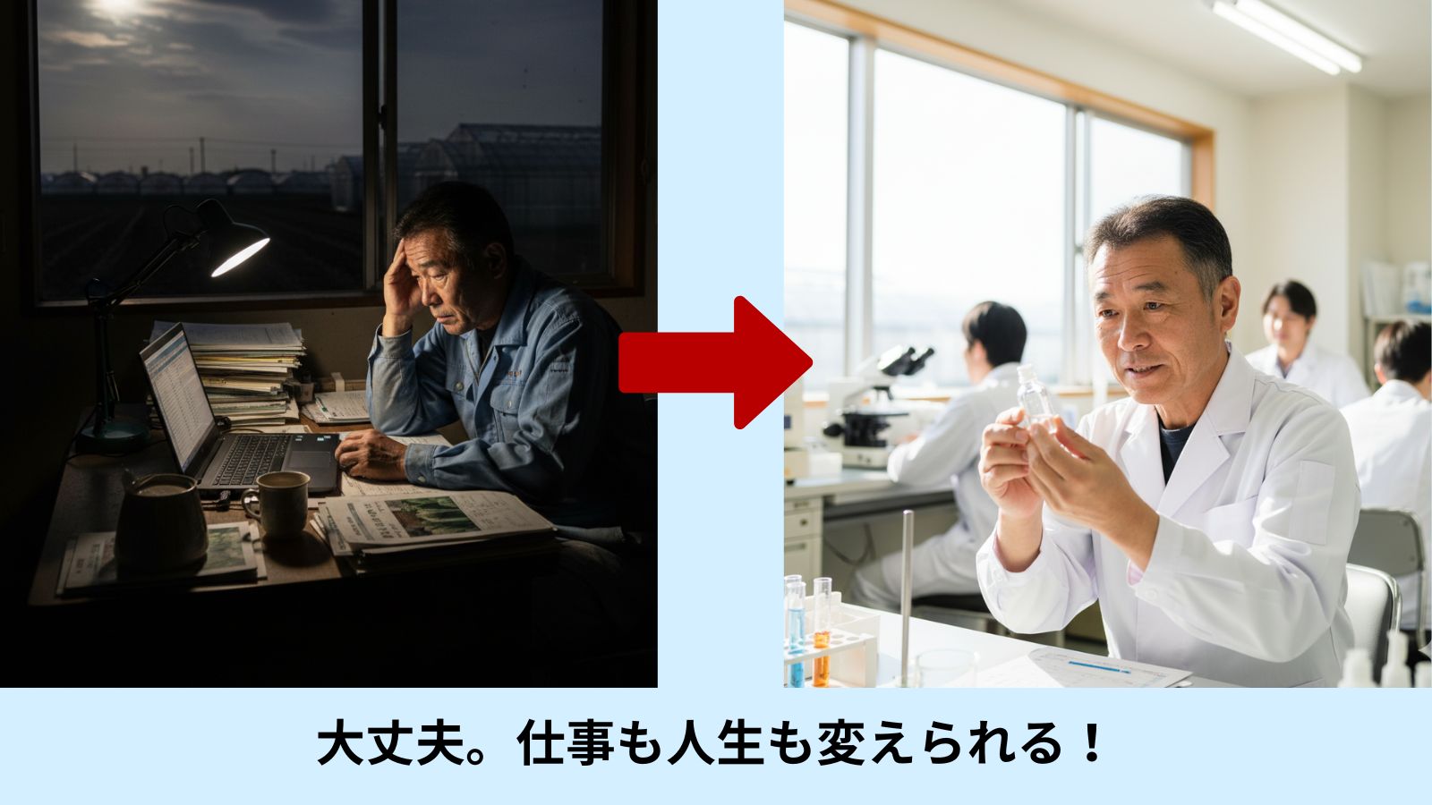 転職に失敗し、うつで疲弊していた過去の僕（50代、農業法人の夜のオフィス）と、転職に成功し、生き生きと働く現在の僕（化粧品会社の品質管理）を対比させた画像