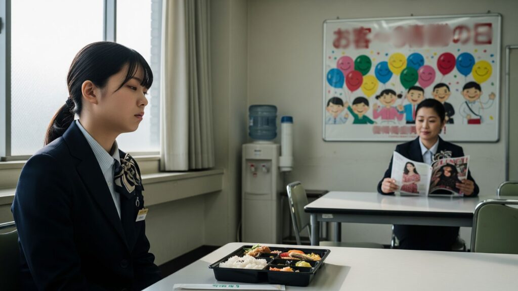 百貨店の従業員休憩室で、疲れ果てた表情で窓の外を眺める女性社員。手付かずの弁当を前に、先輩社員がそっと見守っている。