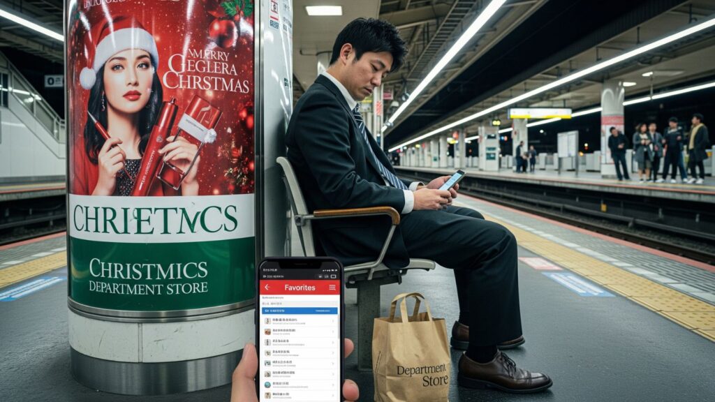 終電間際、駅のホームで転職サイトを見つめる疲れた百貨店社員の男性。横には百貨店の紙袋、後ろにはクリスマスコフレの華やかな広告ポスター。