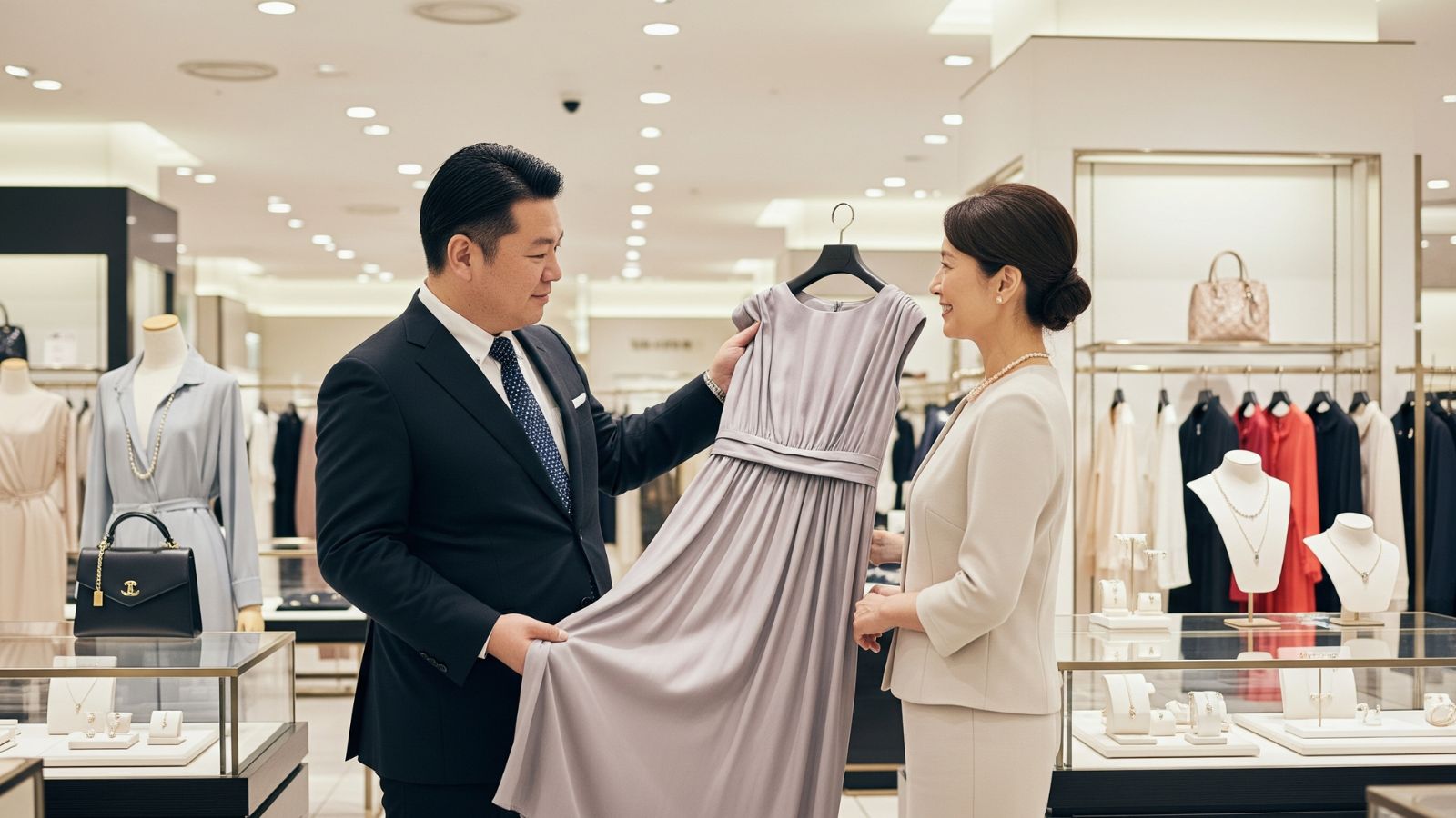 接客に向いてないと思われがちな男性百貨店員が、高級婦人服売り場で顧客に誠実に接客する様子。