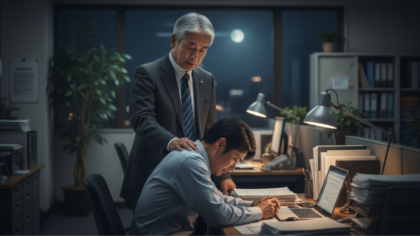 リストラ・転職失敗でうなだれる40代男性の肩に手を置き、優しく語りかける50代のベテラン（将軍）経営者の日本人メンター。深夜のオフィスで転職の絶望を乗り越える生存戦略を伝授する、後悔を希望に変える「継承」の瞬間を表すリアルな写真。