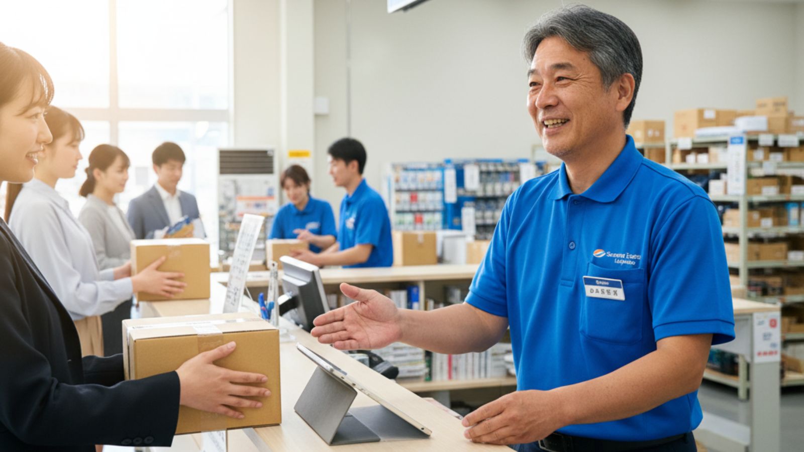 【50代再起】物流業界 から 転職に成功した筆者（緒方）が、穏やかな表情で窓口接客する様子