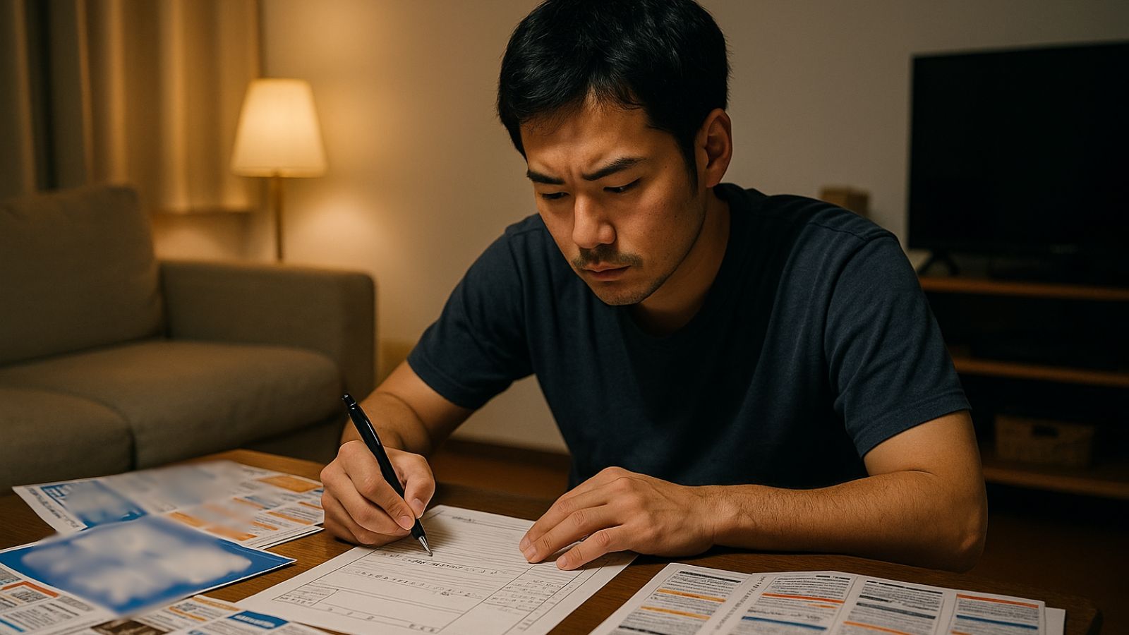 市販の履歴書を自宅で手書きする30代男性。夜、座卓で真剣に履歴書を作成し、転職活動に臨む様子。